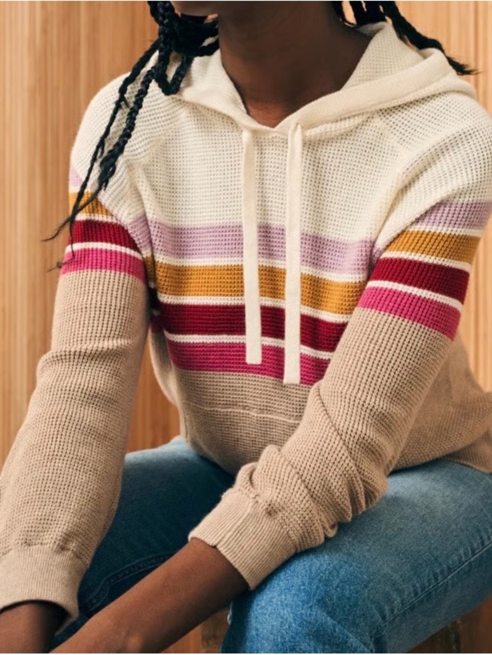 Faherty Throwback Cashmere Blend Striped Waffle Knit Hoodie Sz L